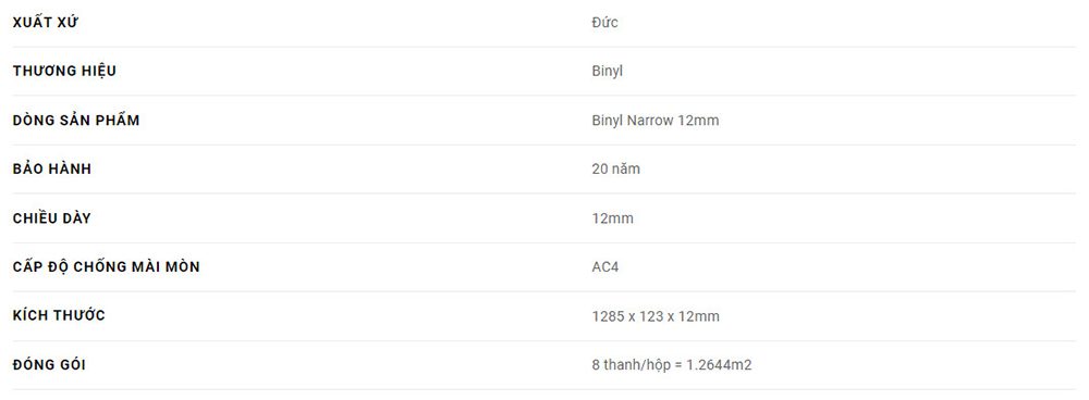 Sàn Gỗ Binyl Đức - Dòng Narrow 12mm Siêu Bền 44 thong so san go duc 12mm binyl